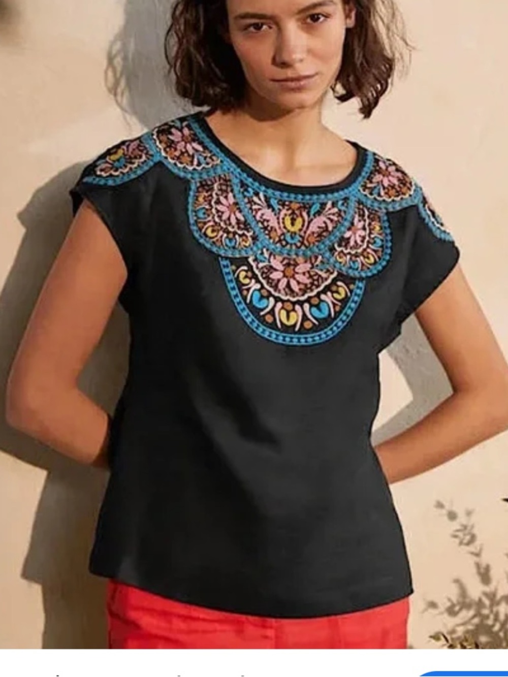 Boden Embroidered Black Cap-Sleeve Top with Multicolor Yoke